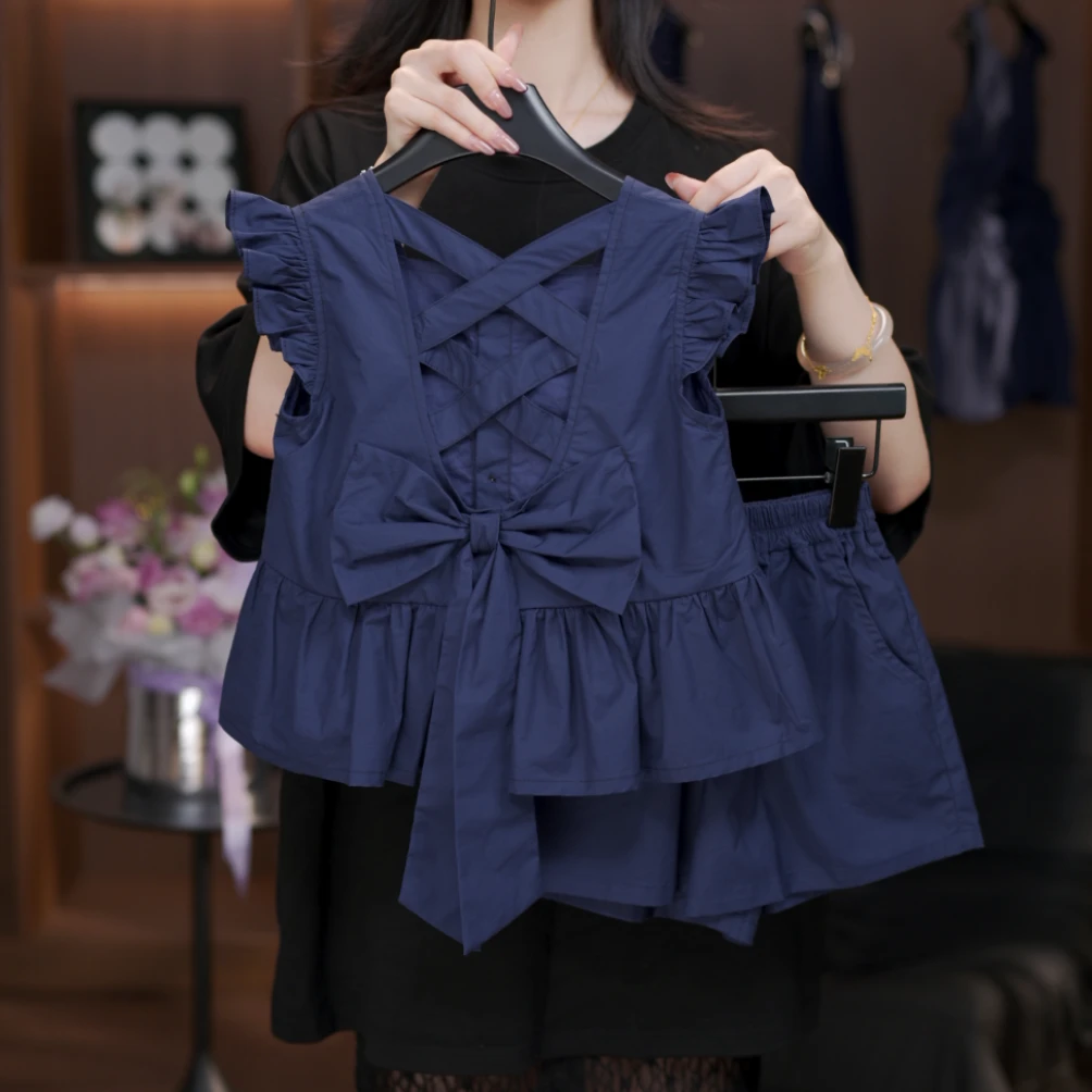 bufan【现货】女童设计款套装两件高级纯棉夏季无袖女孩洋气藏青色