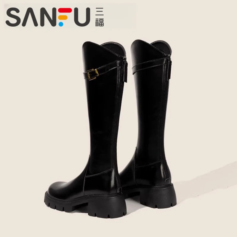SANFU/三福厚底骑士靴女2025新款春季显瘦粗腿胖mm大筒围长筒靴子
