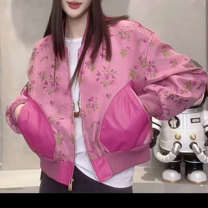 宽松休闲皮夹克短款街头风时尚短款棒球服真皮皮衣立领粉色拼接