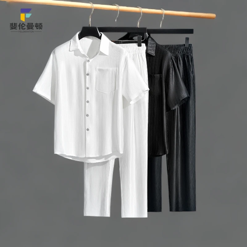 夏季高端垂顺冰丝肌理醋酸两件套男士宽松开衫短袖休闲运动套装男