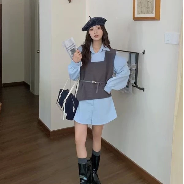 十三行春款衬衣马甲两件套韩版衬衫宽松设计感长袖显瘦减龄时尚
