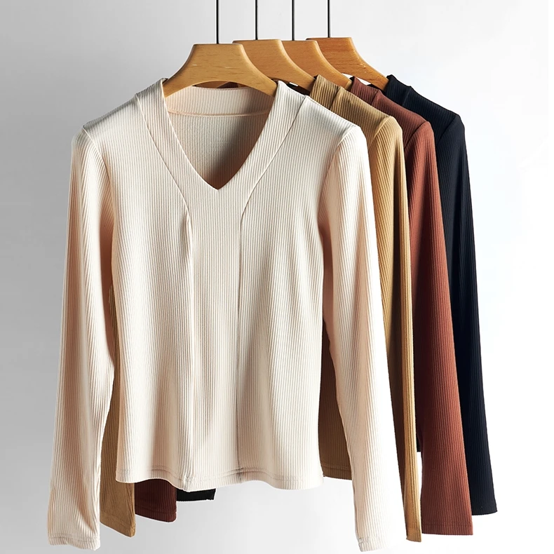 5936#螺纹V领拼襟打底衫