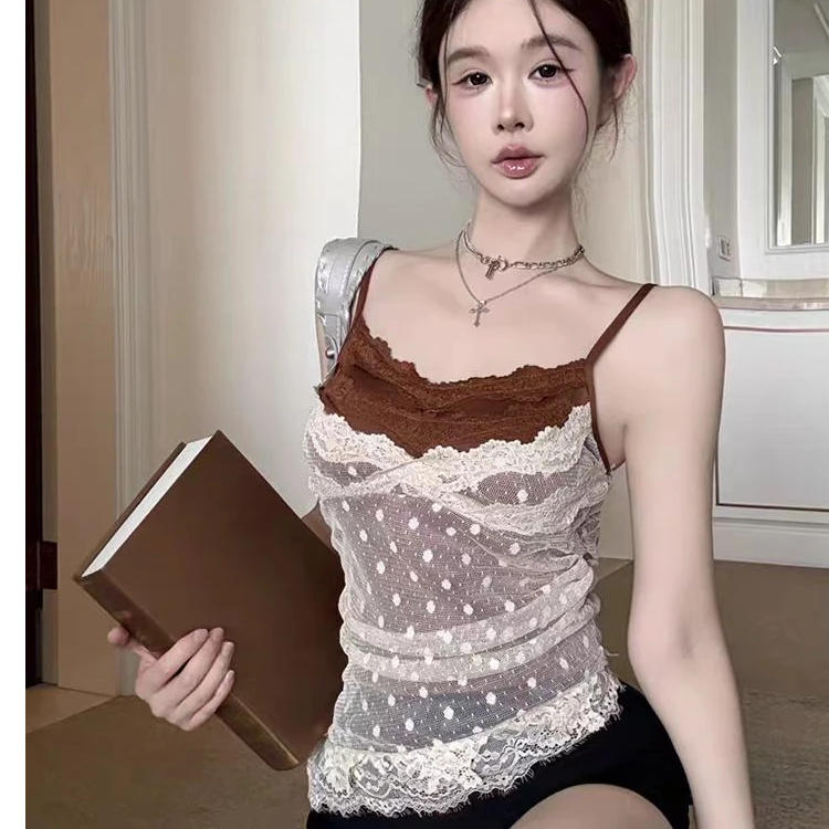 波点复古蕾丝假两件花边吊带背心女夏季新款无袖外穿辣妹内搭上衣