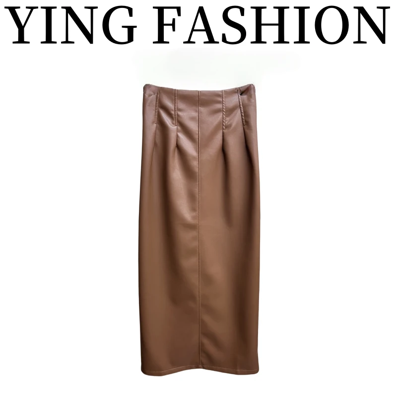 【YING FASHION】莹老板-设计款百搭竖条纹皮半裙8020635 444