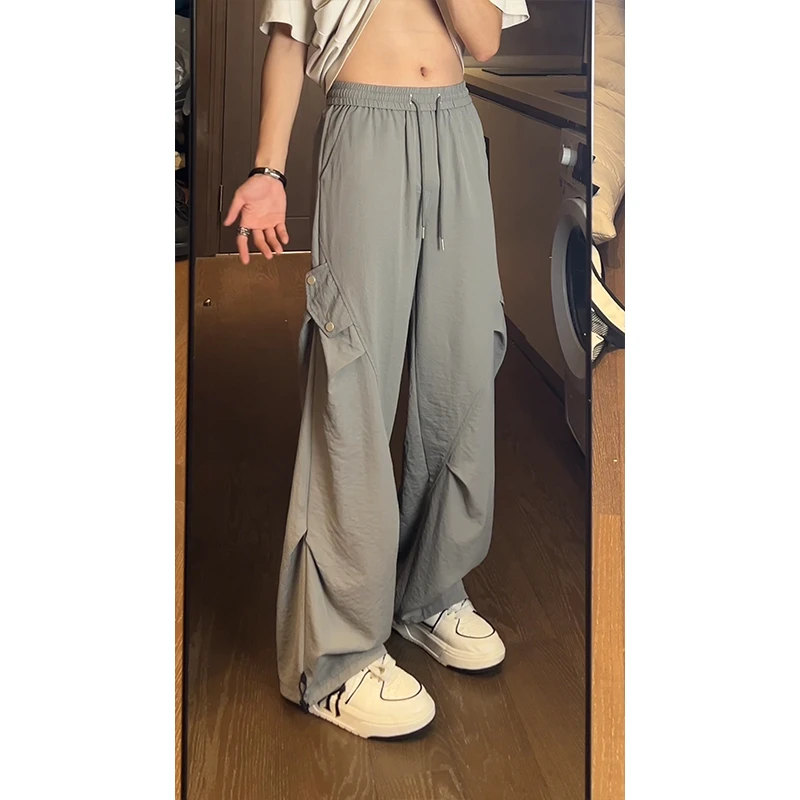 潮流假口袋褶皱冰丝裤男夏季高街痞帅宽松休闲裤青少年百搭直筒裤