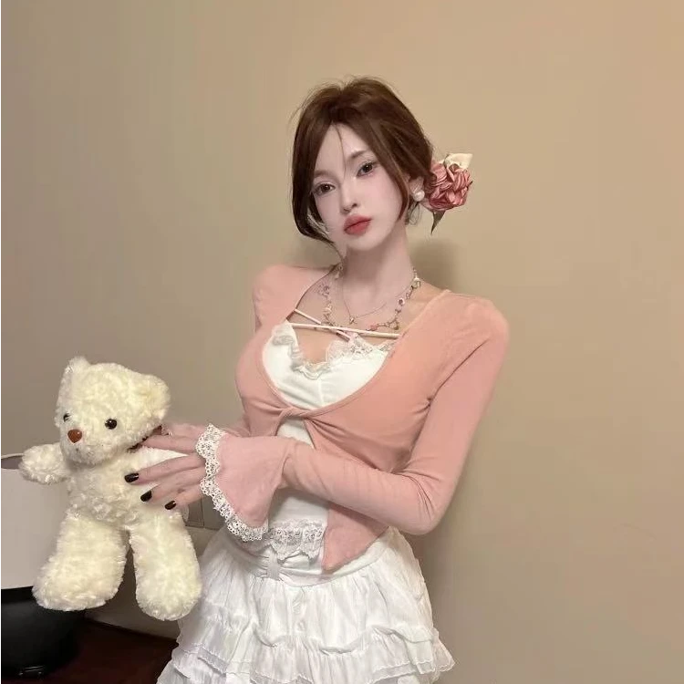 【清清】长袖修身针织假两件T恤女春纯欲性感甜辣妹短款内搭上衣