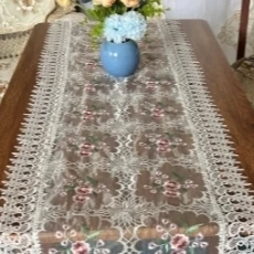 ZN040-167丝光线【40*105】白底粉梅花高织高密玻璃砂水溶边桌布