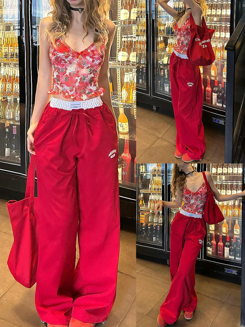 TAO自制 美式复古拼接假两件刺绣休闲裤设计感辣妹红色阔腿拖地裤