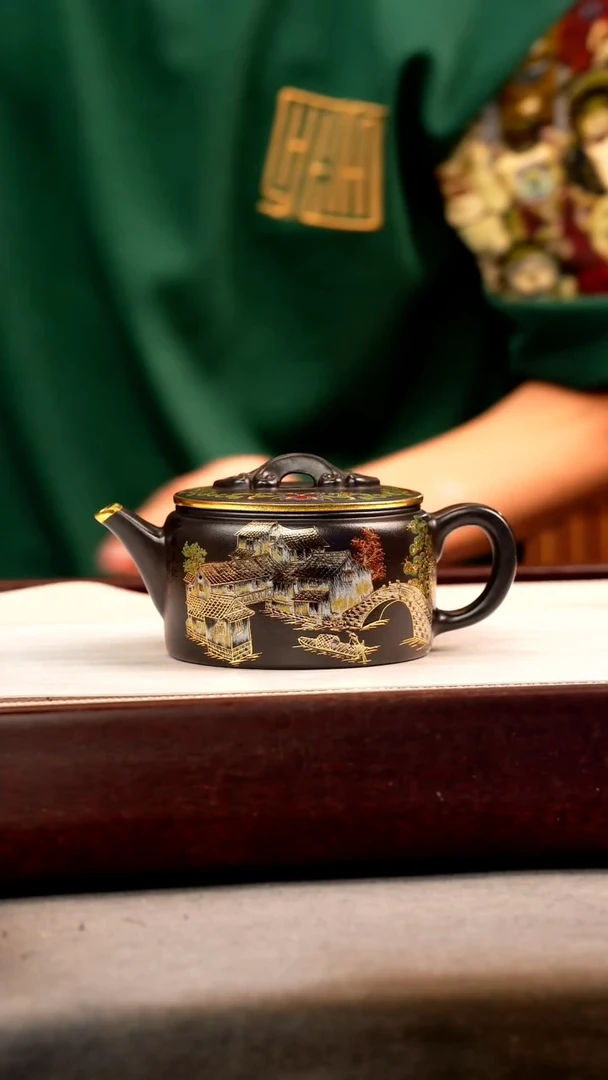 茶壶紫砂石黄 汉瓦 忆江南珐琅彩