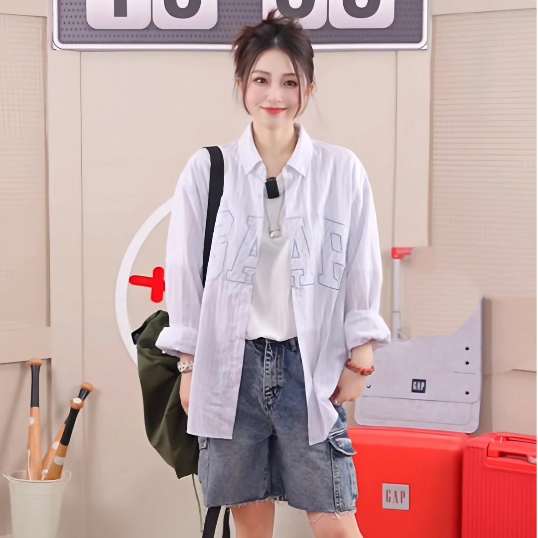 Gap男女装2025春季新款纯棉刺绣logo长袖衬衫宽松休闲上衣723245