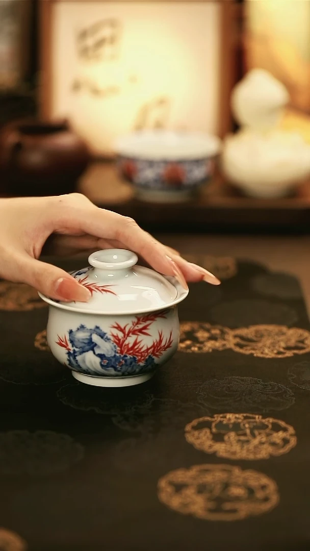 M4501/陶瓷青花山石竹子卢式盖碗
