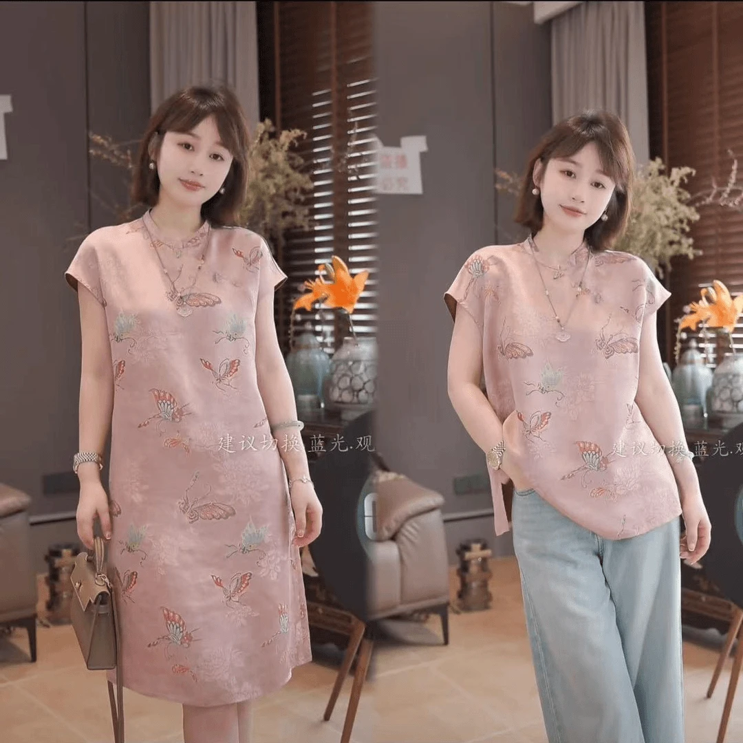 新中式女装国风上衣粉色印花衬衫2025夏季新款高级感减龄长裙