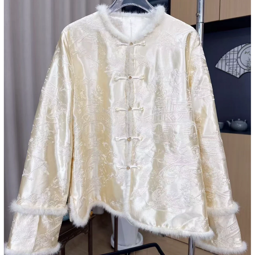 胖小旭大码新中式国潮风时尚气质开衫女新款复古风气质夹棉外套女