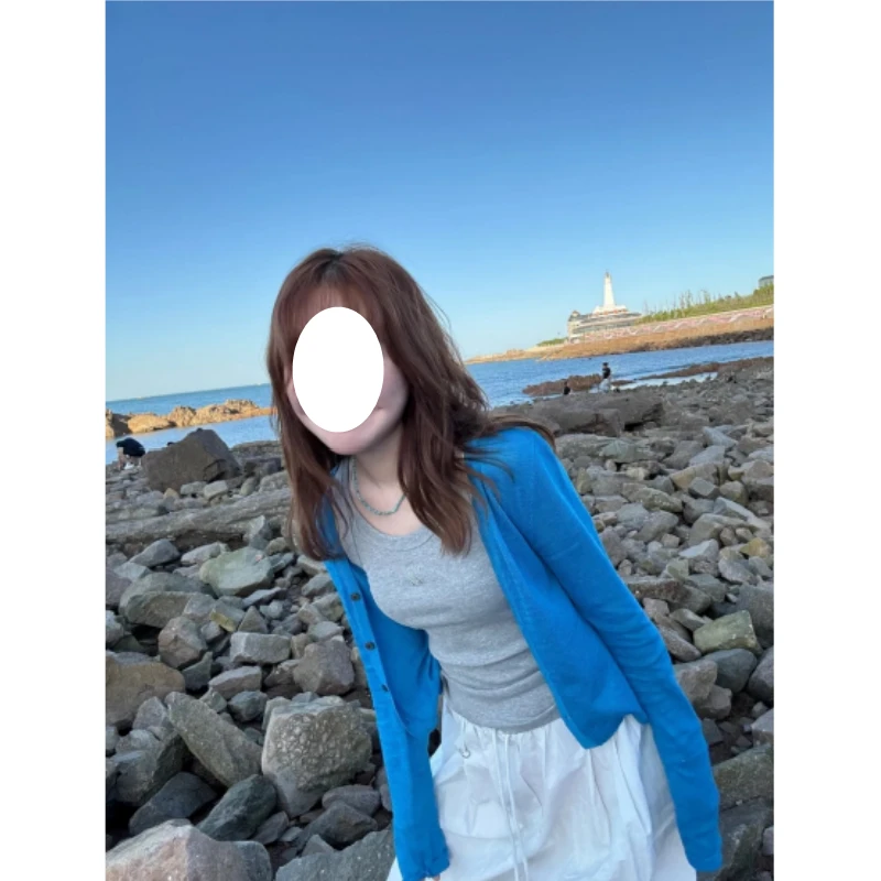 2025夏季新款湖蓝色冰丝感超薄针织防晒开衫适合配吊带披肩上衣女