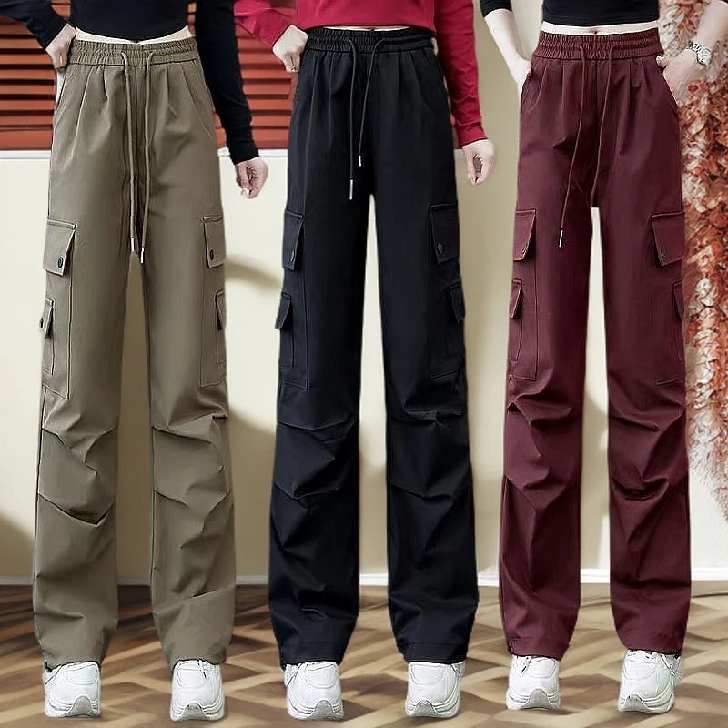 2025新款美式工装裤女春秋爆款高腰宽松显瘦多口袋运动直筒阔腿裤