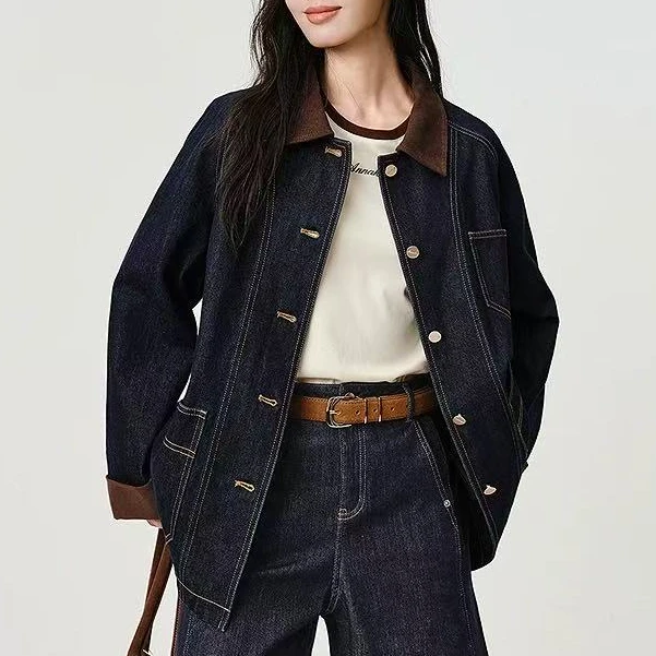 2025秋季商场时尚美式巴恩风拼接翻领工装休闲牛仔外套Y3323