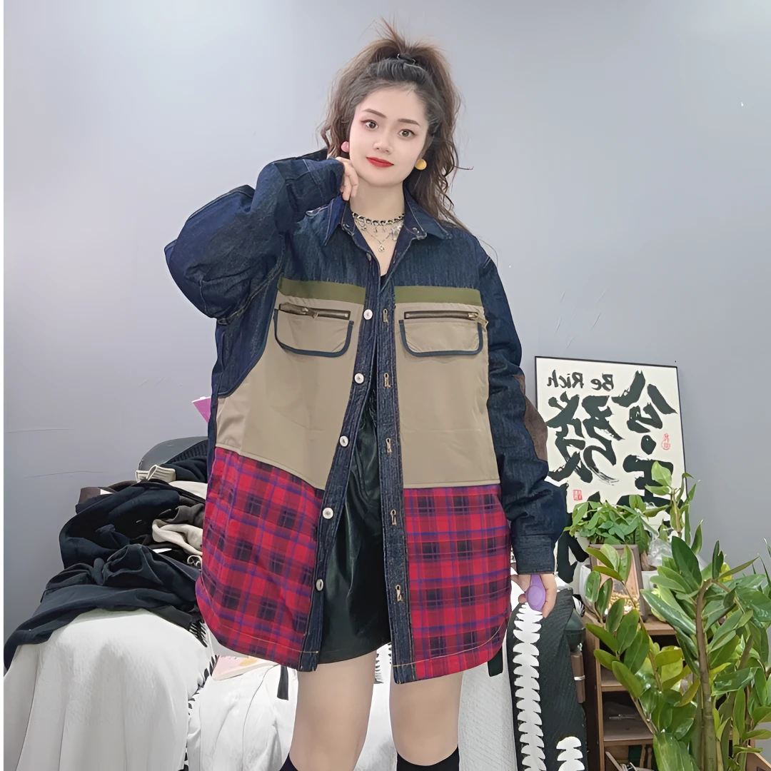 LY家760-2#水 冬季格子牛仔拼接翻领YUROGN休闲百搭宽松外套