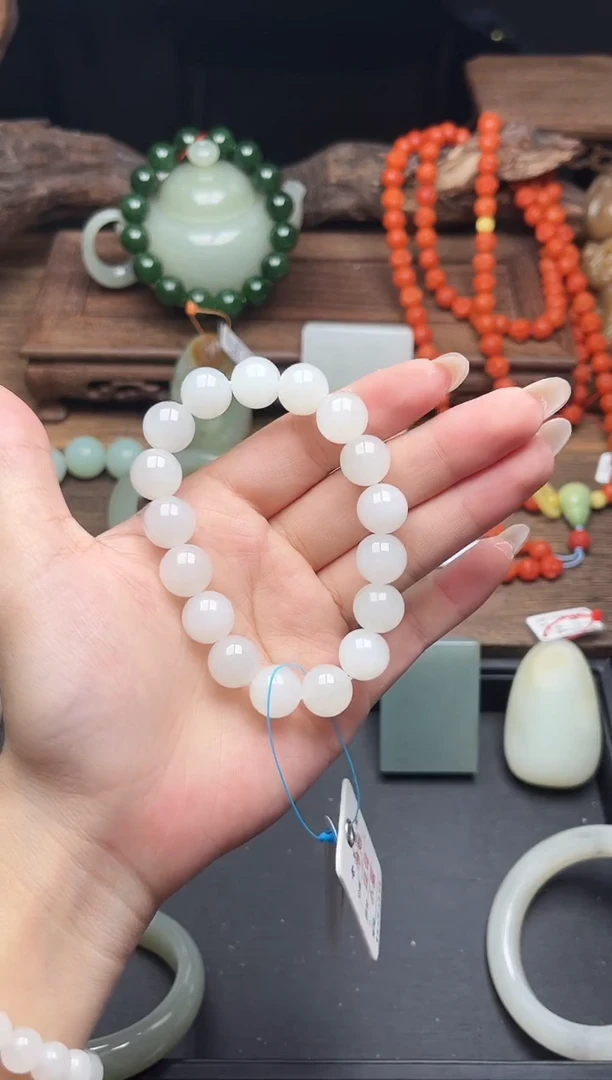 未镶嵌手串和田玉卡12青海野牛沟白玉 圆珠 9013549