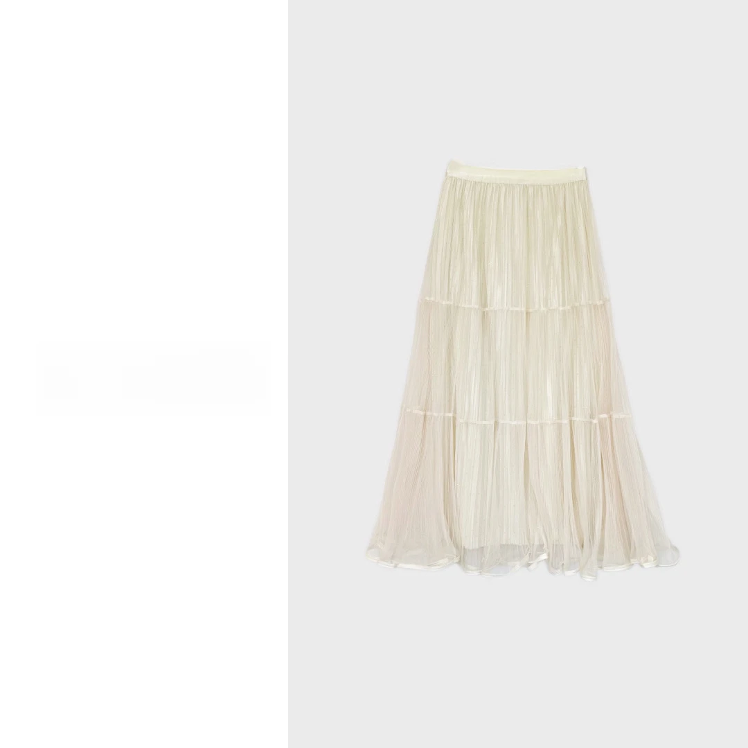 新款韩系赫本风温柔减龄百搭高腰百褶网纱半身裙7692