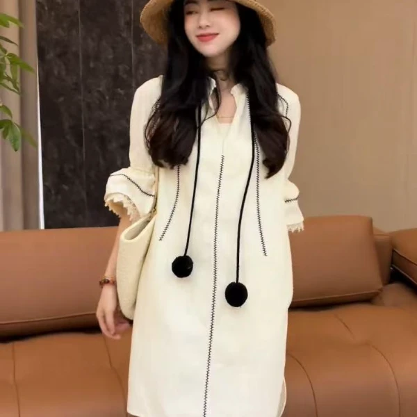 【现货】 Honey Slurp【天美】25059走秀款条纹v领套头连衣裙 象牙白