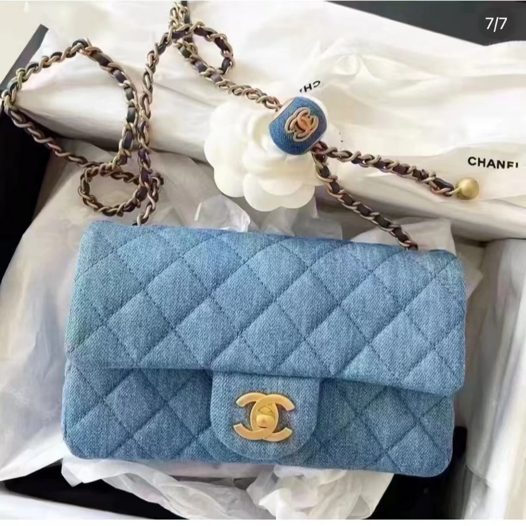 95新 Chanel/香奈儿 蓝色牛仔金球大mini cf包 18865378