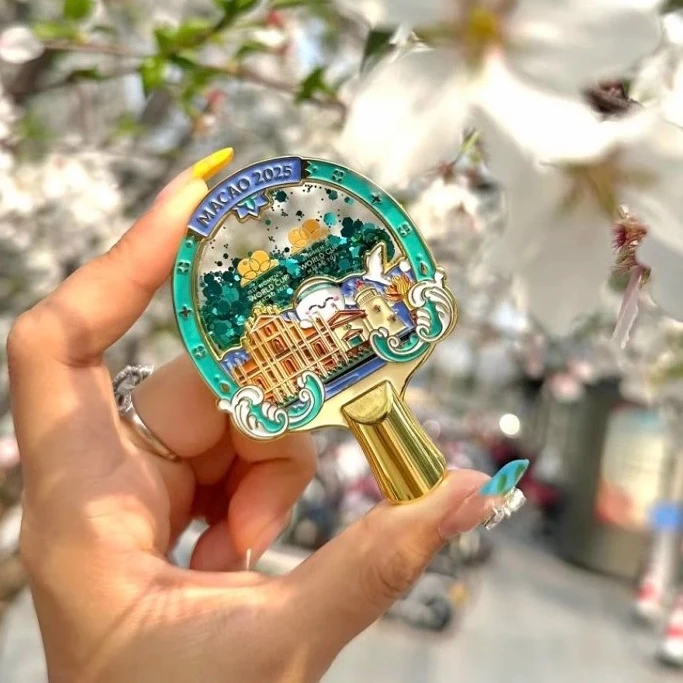 澳门乒联世界杯文创球拍城市金属流沙冰箱贴创意纪念收藏送礼物