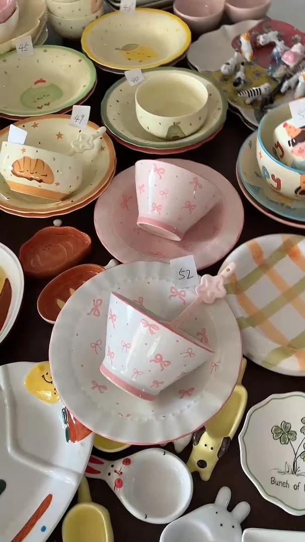 瓷奥*奥微瑕蝴蝶结斗笠碗+草帽盘（1白1粉加送勺）