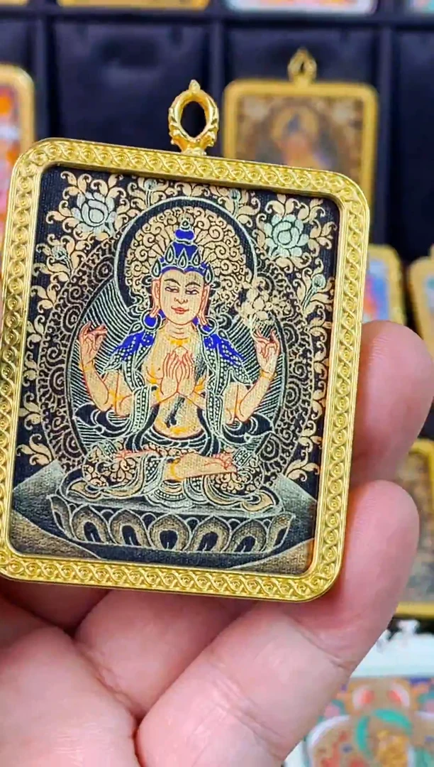 吊坠热贡纯手绘唐卡黑金四臂