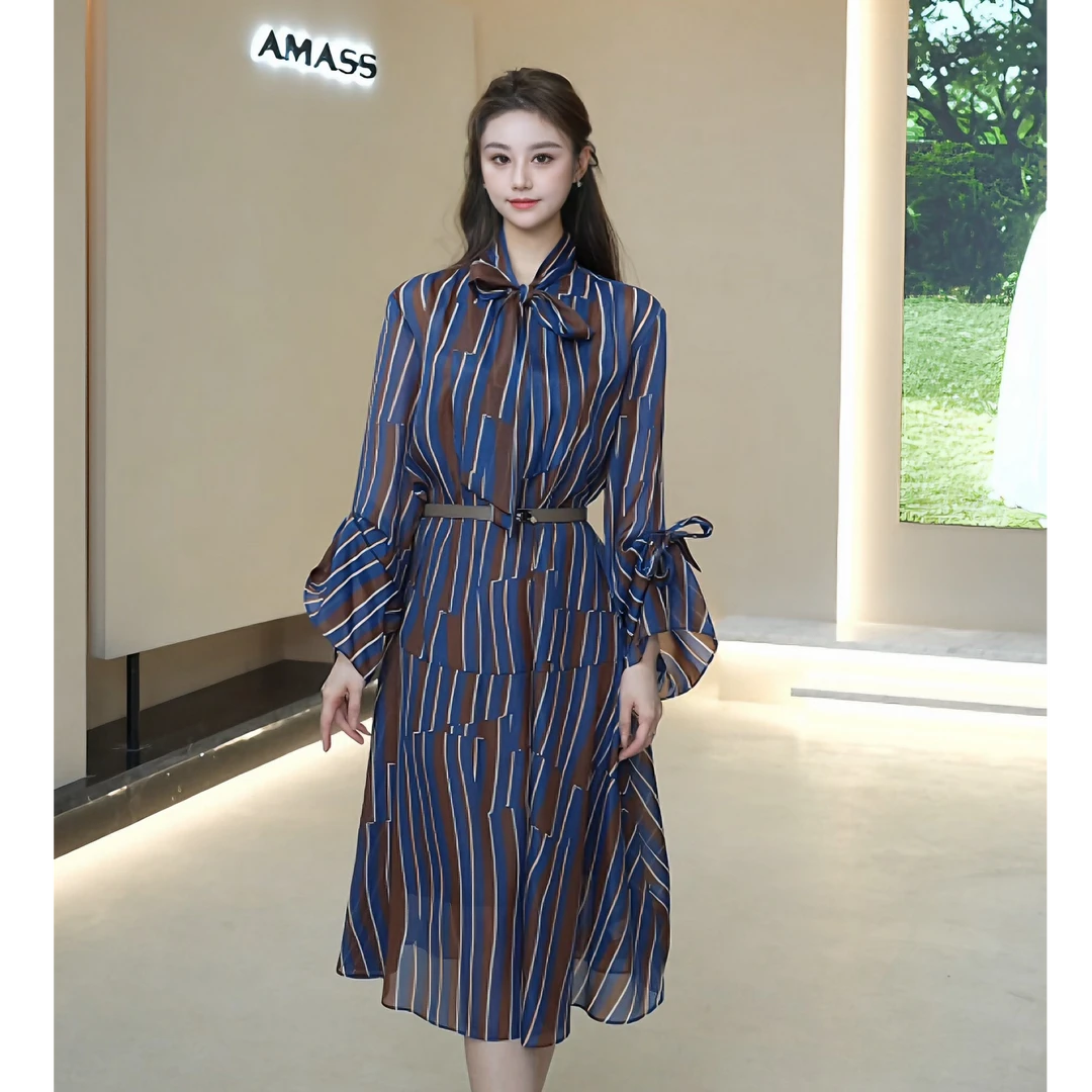 AMASS/阿玛施25年新款宽松中袖飘带中长款洋装连衣裙 5500554