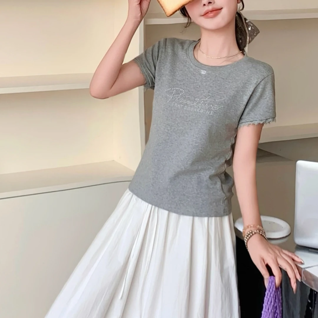 MDD M2538 新款袖口拼接蕾丝休闲时尚上衣短袖女t恤