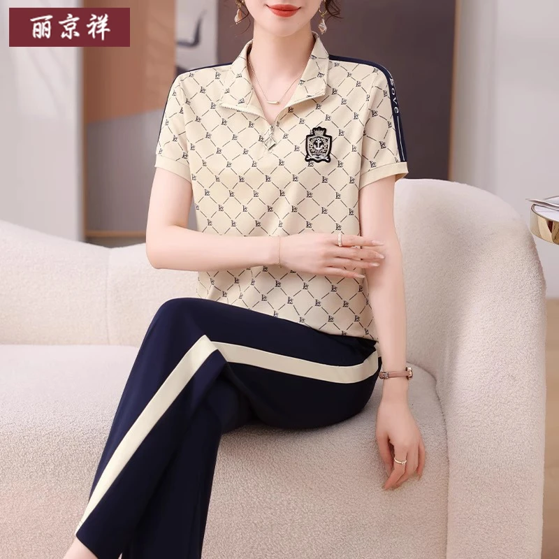 中年妈妈夏装上衣中老年人运动套装女夏季格子短袖T恤长裤两件套