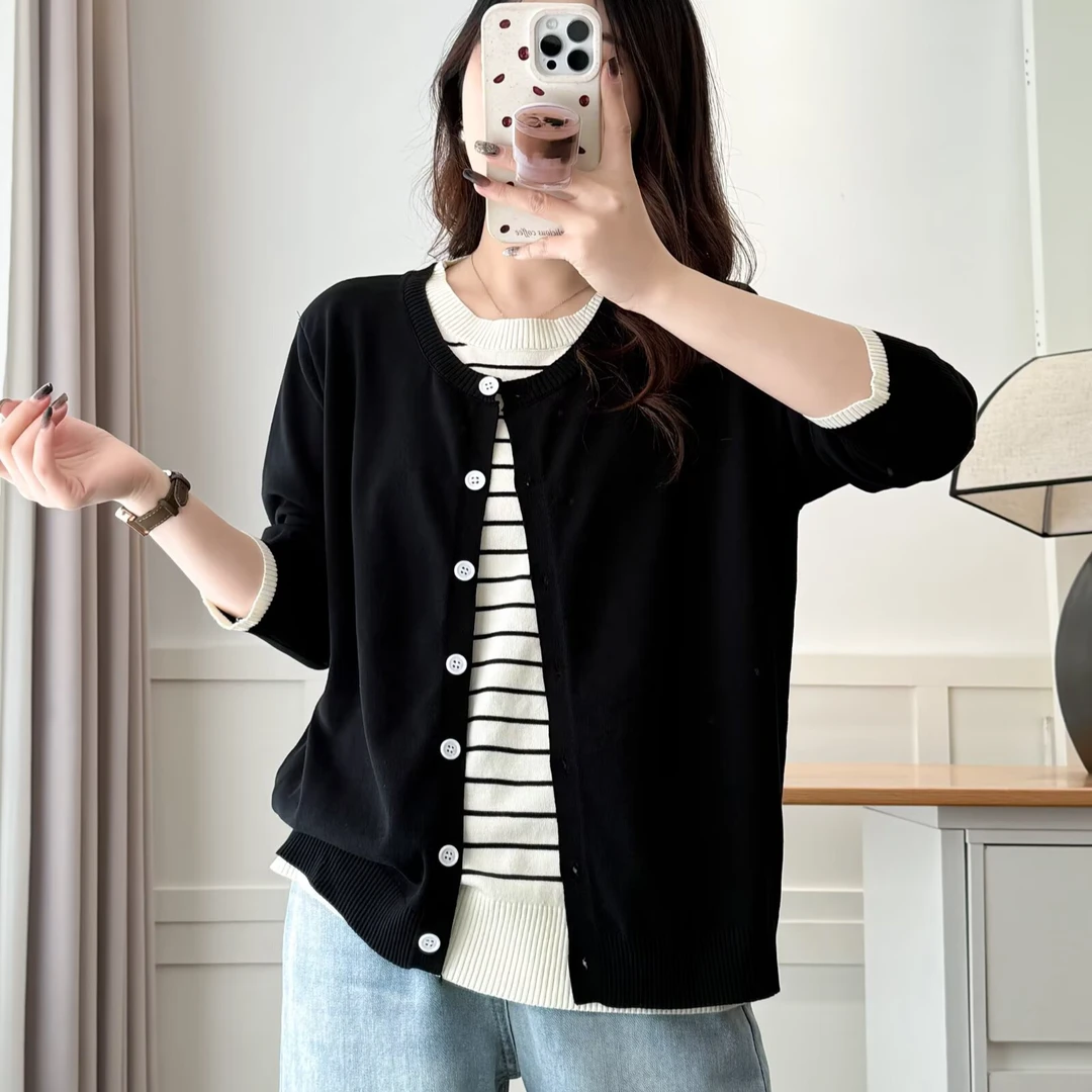 【莘莘大码】春季新款百搭时尚宽松圆领针织假两件女