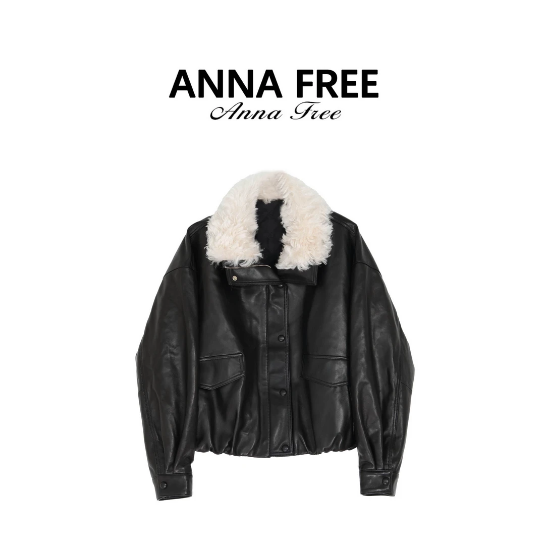 ANNA FREE 秋冬新款长袖翻领毛领拉链皮衣外套加厚上衣ZCE251097