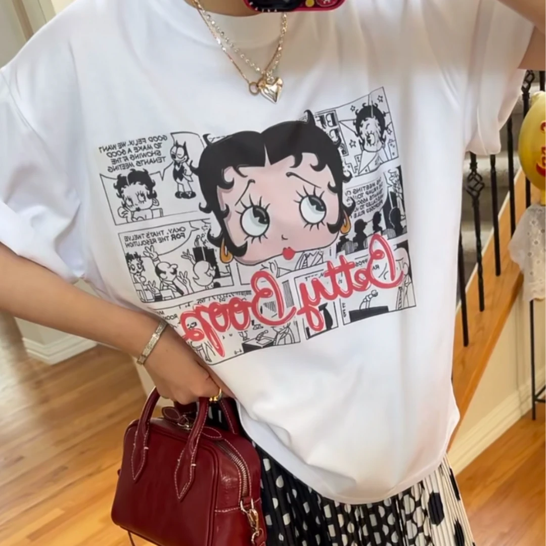 （黑佳红）趣味贝蒂创意印花宽松韩国2025显瘦长袖T恤女春夏C489