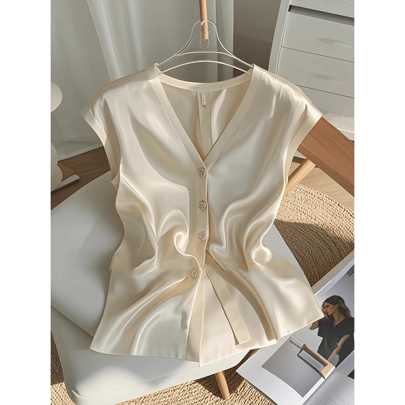 春季独特漂亮小衫韩系chic别致气质轻奢高级感醋酸缎面无袖衬衫女