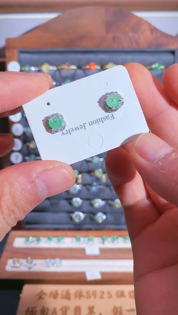 银S925镶嵌戒指翡翠S925银镶翡翠平安扣女饰品