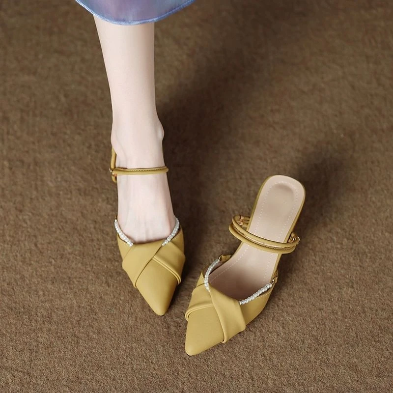 包头凉鞋女2025夏季新款尖头仙女风半拖鞋外穿时尚中跟两穿凉拖鞋