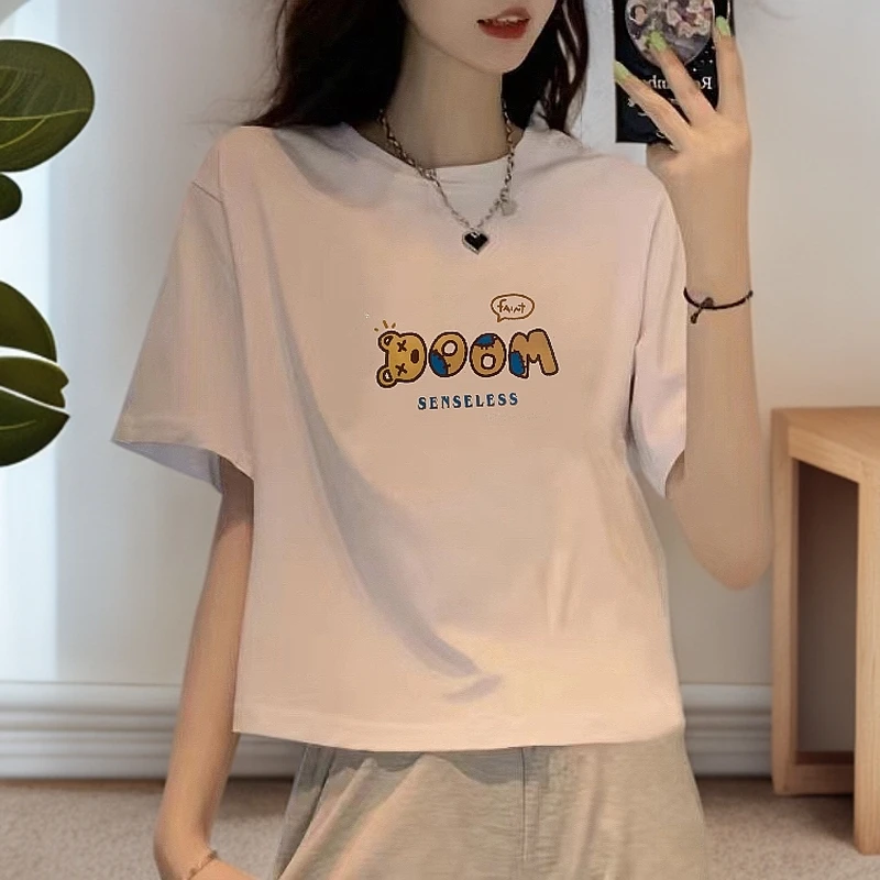 100%纯棉短袖T恤衫宽松显瘦韩版夏季矮个子高腰百搭短款上衣t恤女