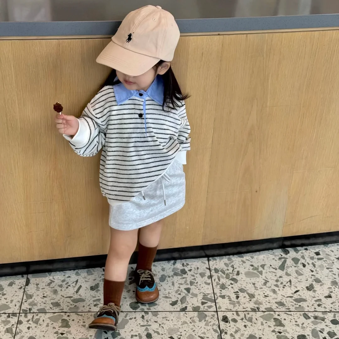 壹妈韩版童装女童休闲套装洋气儿童Polo领条纹长袖上衣灰色半身裙