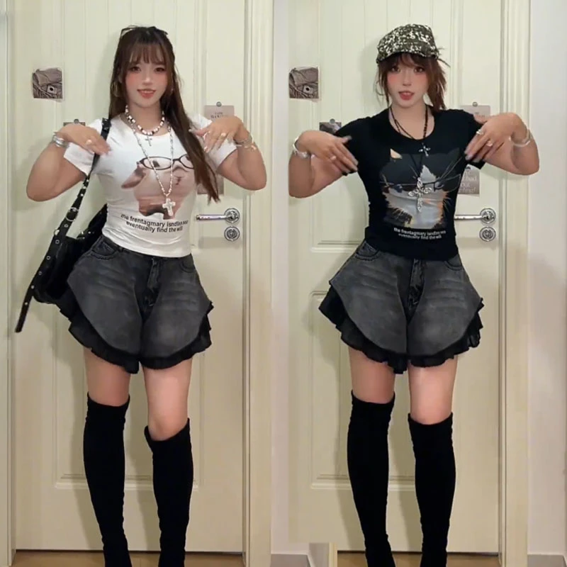 【九七同款】夏微胖大码动物印花短袖蕾丝拼接牛仔短裤套装女两件套