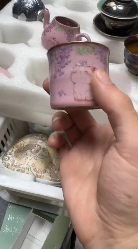 摆件陶茶具茶具茶具紫藤花猫咪竹节杯