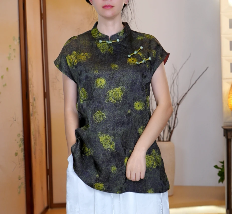 【晚菊】中长款夏季2025新款上衣小衫新中式女装国风立领提花气质