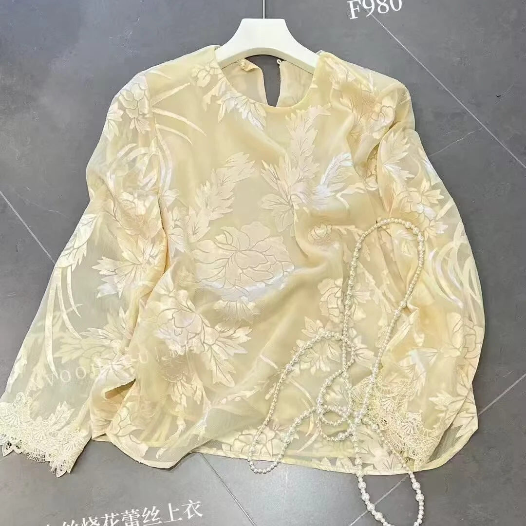 【艳艳】优选人丝烧花薄款上衣时尚女士复古重磅气质圆领小衫长袖