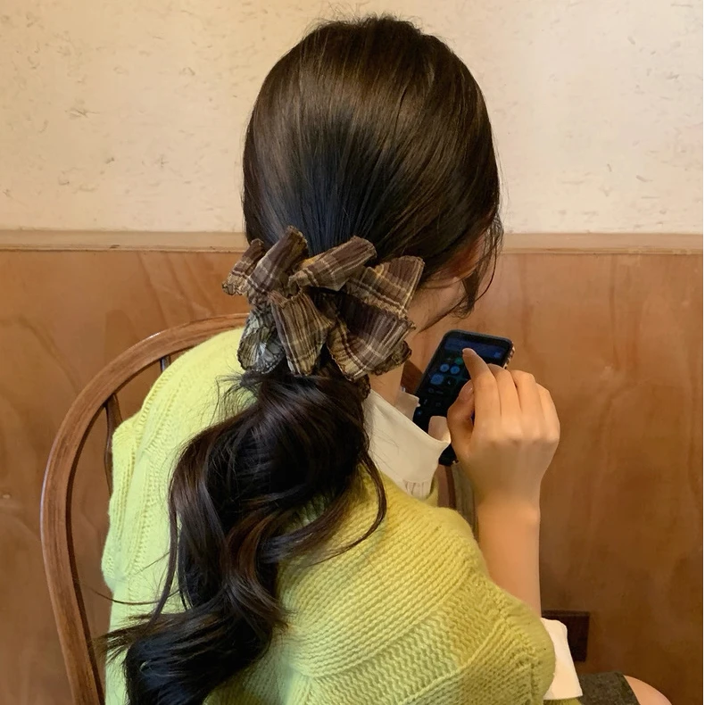 秋冬复古咖色格纹花苞发圈女高级感头马尾辫发绳皮筋韩系发饰头饰