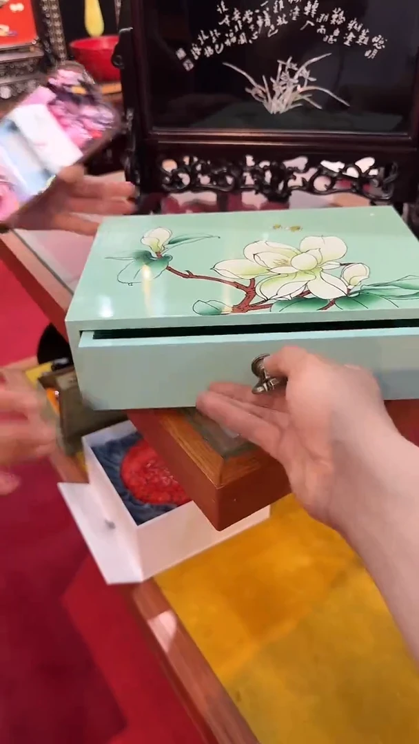 移动榉木蓝底玉兰28单抽拉首饰盒（定制）