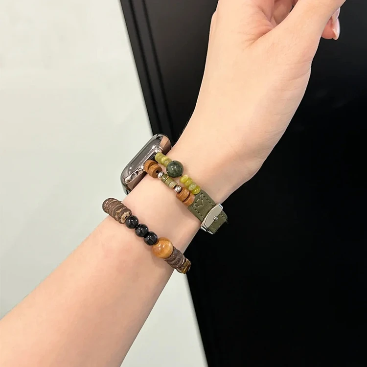 适用苹果S10表带iWatchS9手表applewatchS8女SE真皮天然石高级7夏