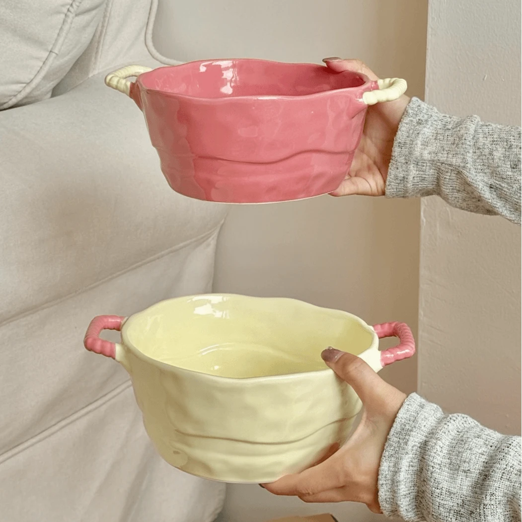 奶油风双耳汤碗陶瓷家用盛汤大号大碗泡面碗烘焙烤碗螺蛳粉碗汤盆