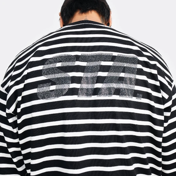 STAHOODSTA爆闪水钻纯棉网眼黑白条纹圆领长袖T恤宽松休闲日常