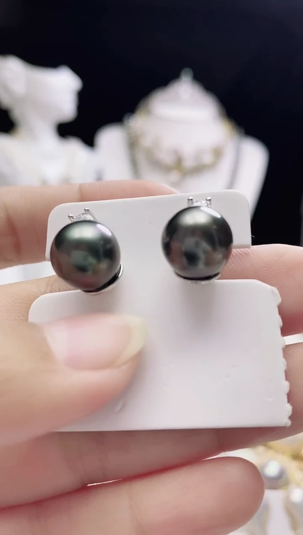 银S925镶嵌耳钉海水珍珠大溪地珍珠耳钉