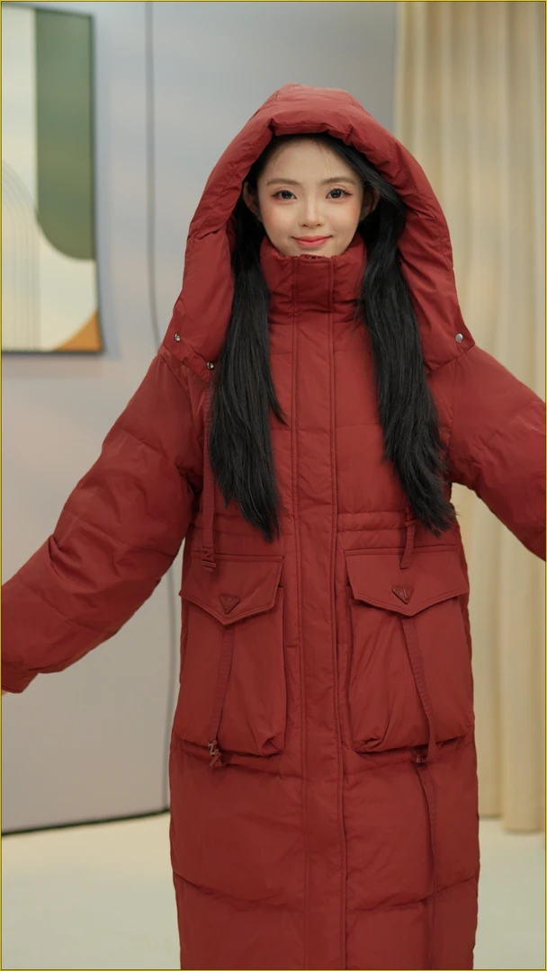 杭州正品QX259119中长款连帽羽绒服外套女士宽松收腰显瘦冬天外套